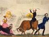 Satirical cartoon about the escalation of tensions between the United States and the British Commonwealth during the Aroostook War. U.S. Pres. Martin Van Buren, atop an ox with the head of Maine Gov. John Fairfield, confronts England's Queen Victoria, who is riding a dog with the head of the duke of Wellington. The ox's tail is pulled by Virginia congressman Henry A. Wise.