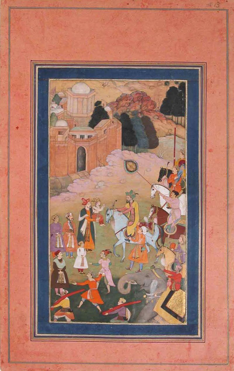 'The Emperor Humayun Returning from a Journey Greets his Son' Folio from the Davis Album. Illustration, ink and watercolor, c. 17th century, Mughal