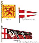 Heraldic flagsBanner: the blazon of the shield is applied to the whole surface of a square or a vertically or horizontally oriented rectangular flag. This is the Royal Banner of Scotland, which follows the blazon of the second quarter of the Royal Arms of the United Kingdom. Although it is the banner of the sovereign, it is widely but incorrectly used today as the national symbol. Fork-tailed pennon: shown here is that of the Sovereign Military Order of Malta, in heraldic terms gules a cross argent. Standard: the Cross of St. George at the hoist identifies this as English. The profusion of badges, the diagonally placed motto, and the border of alternating tinctures are typical. This is the standard of Sir Henry Stafford, c. 1475.