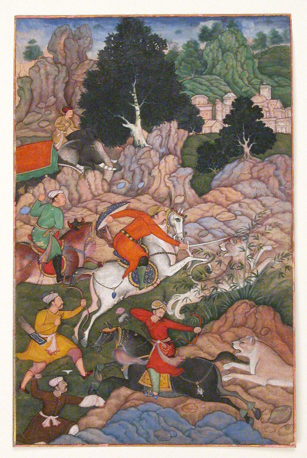 "Akbar Hunting", Folio from an Akbarnama (History of Akbar). Illustration with watercolor and ink, c. late 16th century. Mughal emporer