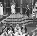 Queen Elizabeth II addresses at opening of Parliament. (Date unknown on photo, but may be 1958, the first time the opening of Parliament was filmed.)