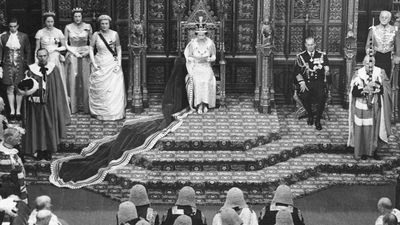 Queen Elizabeth II addresses at opening of Parliament. (Date unknown on photo, but may be 1958, the first time the opening of Parliament was filmed.)