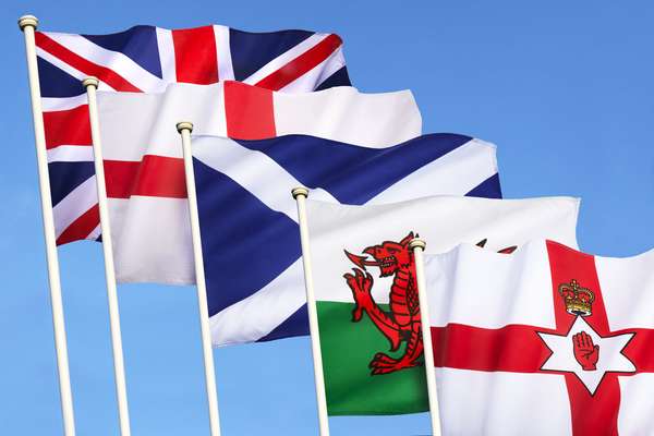 Flags of the United Kingdom of Great Britain - England, Scotland, Wales, Northern Ireland and the Union Flag.