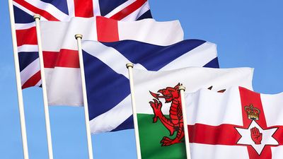 Flags of the United Kingdom of Great Britain - England, Scotland, Wales, Northern Ireland and the Union Flag.