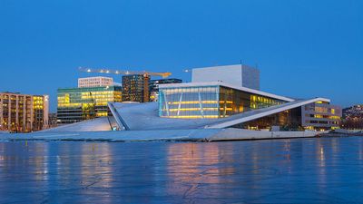 Night view of the Opera House and new business quarter, Oslo, Norway.