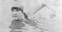 Gertrude Ederle or Gertrude Caroline Ederle, press photo. First woman to swim the English Channel. One of the best-known American sports personages of the 1920s.