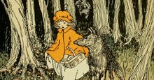 Red Riding Hood and the Wolf from "Journeys through Bookland" by Charles Herbert Sylvester, 1922. (Brothers Grimm, Little Red Riding Hood, fairy tales)