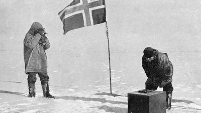 Roald Engelbrecht Gravning Amundsen. (1872-1928). Norwegian explorer, South Pole, 1911. Amundsen led first expedition to reach South Pole, arriving December 1911, one month before ill-fated British expedition commanded by Captain Scott. (see notes)