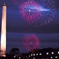 Washington Monument. Washington Monument and fireworks, Washington DC. The Monument was built as an obelisk near the west end of the National Mall to commemorate the first U.S. president, General George Washington.