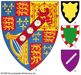 The image shows yellow, green, and purple shields that might denote bastardy on a crest.