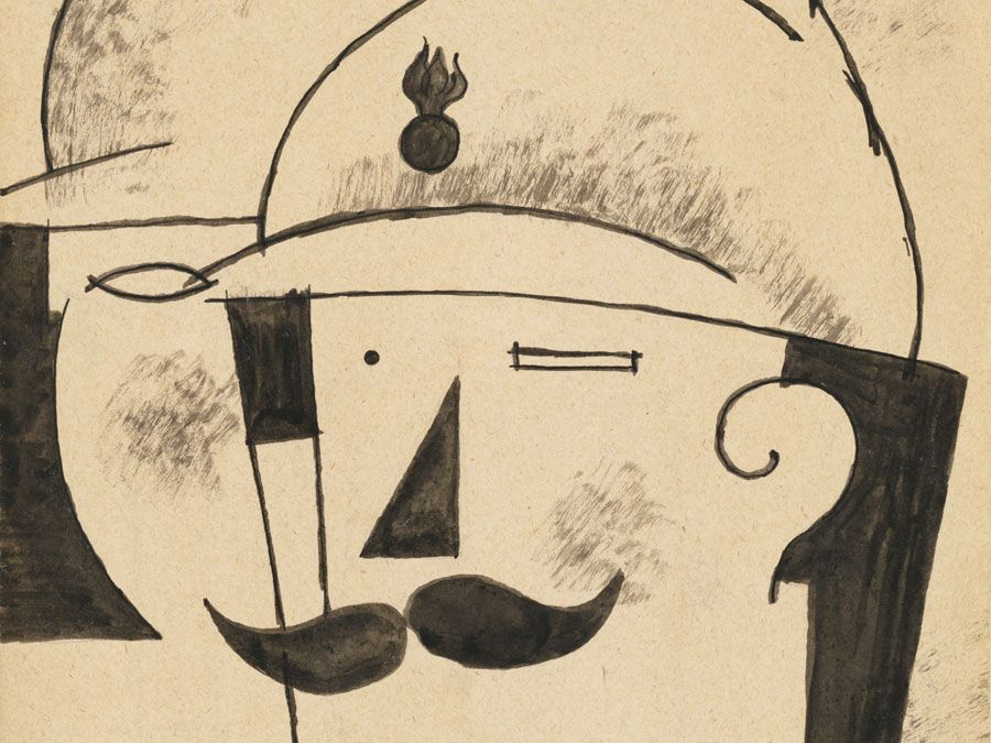 "Deux Fantassins Casques (Two Helmeted Infantrymen)" Roger de La Fresnaye, 1917. Pen and black ink with wash, 30.8x19.4 cm