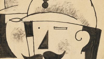 "Deux Fantassins Casques (Two Helmeted Infantrymen)" Roger de La Fresnaye, 1917. Pen and black ink with wash, 30.8x19.4 cm