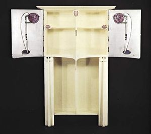 Charles Rennie Mackintosh: painted oak cabinet with colored glass