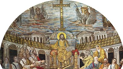 Christ as Ruler, with the Apostles and Evangelists (represented by the beasts). The female figures are believed to be either Santa Pudenziana and Santa Praxedes or symbols of the Jewish and Gentile churches. Mosaic in the apse of Santa Pudenziana, Rome,A