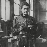 Polish-born French physicist Marie Curie poses in her Paris laboratory; undated photo.