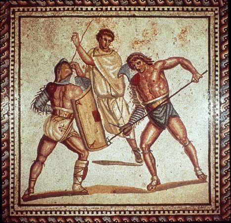 Roman mosaic of gladiators fighting.