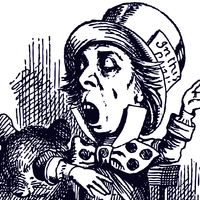 Hatter engaging in rhetoric illustration 26. by Sir John Tenniel for Alice's Adventures in Wonderland (1865). Alice in Wonderland by British author Lewis Carroll. Cropped from source file asset 166534/ic code bolse1690 Mad Hatter tea party