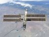 The International Space Station photographed against the Rio Negro, Argentina, from the shuttle orbiter Atlantis, February 16, 2001.  Atlantis' primary mission was to deliver the Destiny laboratory module, visible at the leading end of the station.