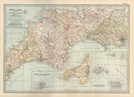 historical map of Cornwall, Devonshire, Dorset, and the Channel Islands