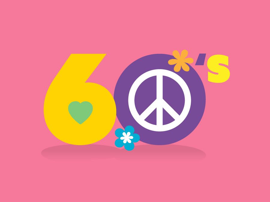 Graphic of "60's" with flowers and peace sign. 1960's, decades