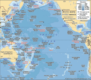 The Pacific Ocean, with depth contours and submarine features