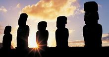 Panoramic view at sunrise of moai, Ahu Tongariki, Easter Island (Rapa Nui), Chile