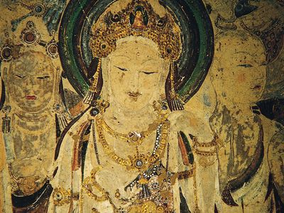 Guanyin and attendant bodhisattvas, detail of a painted cave mural, Kansu province, China, early 8th century.