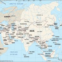 A map of the continent of Asia, including its countries, boundaries, and capital cities, as well as parts of Europe, Africa, and surrounding oceans.