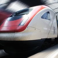 Front of a bullet train in the station in Zurich, Switzerland. High speed train. Hompepage blog 2009, geography and travel, science and technology passenger train transportation railroad