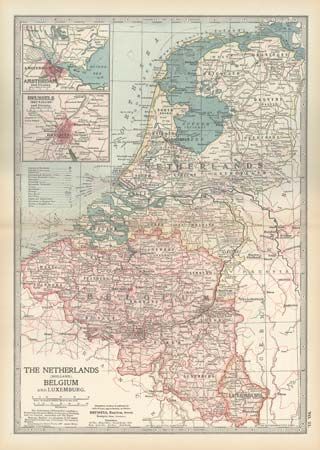 Map of the Netherlands, Belgium, and Luxembourg, with insets of Amsterdam and Brussels (c. 1900), from the 10th edition of Encyclopædia Britannica.