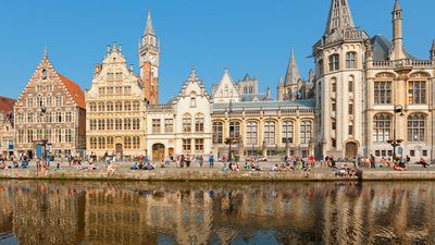 Guild houses along the Lys River in Ghent, Belgium.