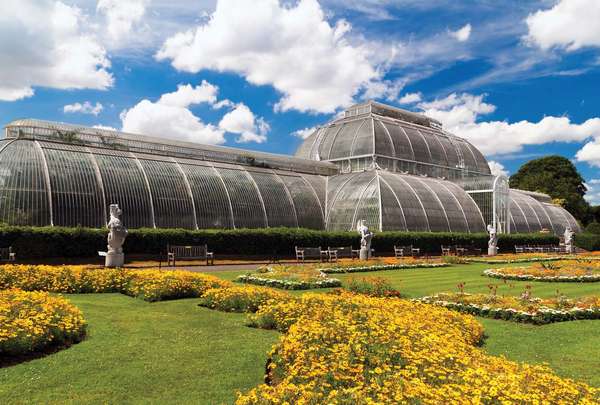 Palm House conservatory of Kew Gardens, London, England. (formal garden, glass house, greenhouse)