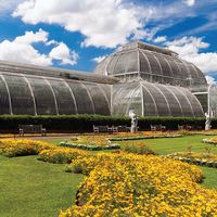 Palm House conservatory of Kew Gardens, London, England. (formal garden, glass house, greenhouse)