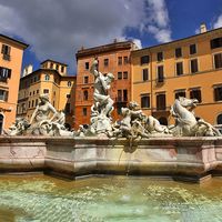 Giacomo della Porta. The Fountain of Neptune also known as the Calderari fountain in the northern end of Piazza Navona. The basins are work of Giacomo della Porta. The statue of Neptune by Antonio Della Bitta was added in 1878.