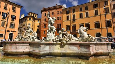 Giacomo della Porta. The Fountain of Neptune also known as the Calderari fountain in the northern end of Piazza Navona. The basins are work of Giacomo della Porta. The statue of Neptune by Antonio Della Bitta was added in 1878.