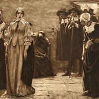 Salem Witch Trials. Photogravure after the painting by Walter McEwen titled - The Witches - circa 1890s.