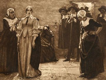 Salem Witch Trials. Photogravure after the painting by Walter McEwen titled - The Witches - circa 1890s.