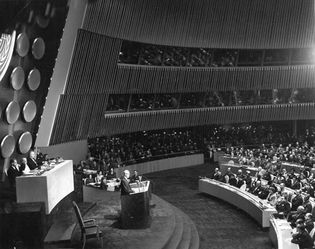 U.S. Pres. Dwight D. Eisenhower delivering his Atoms for Peace speech to the United Nations, Dec. 8, 1953.