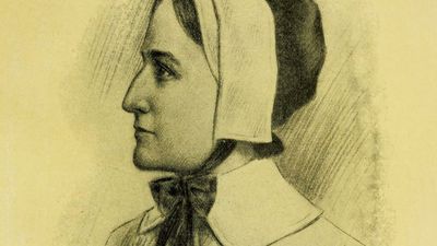 Anne Hutchinson. Illustration from 1916. (died 1643) One of the founders of Rhode Island. Banished by Puritans from Massachusetts Bay Colony. Believed in freedom of religion. Religious leader.