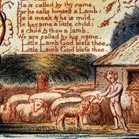 Illustration of "The Lamb" from "Songs of Innocence" by William Blake, 1879. poem; poetry