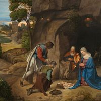 Giorgione, Italian, 1477/1478-1510, The Adoration of the Shepherds, 1505/1510, oil on panel, overall: 90.8 x 110.5 cm (35 3/4 x 43 1/2 in.), Samuel H. Kress Collection, 1939.1.289, National Gallery of Art, Washington, D.C.