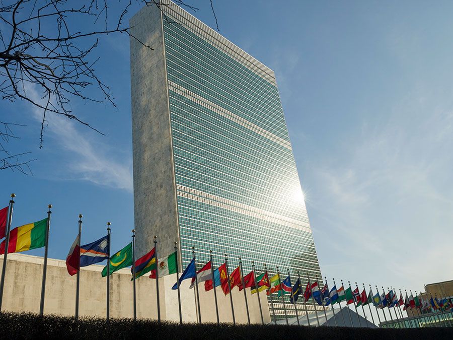 Secretariat Building at United Nations Headquarters with Members States' flags flying in the foreground, United Nations Headquarters, New York City, New York. (photo dated 2017)