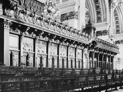 Choir stalls of St. Paul's Cathedral, London, by Grinling Gibbons, 1696–98.