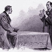 Sherlock Holmes explaining to Dr. Watson what he has deduced from the pipe left behind by a visitor (see Notes); engraving from The Adventures of Sherlock Holmes: The Adventure of the Yellow Face by Arthur Conan Doyle, The Strand Magazine, London, 1893.