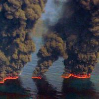 Clouds of smoke billow up from controlled burns taking place in the Gulf of Mexico May 19, 2010. The controlled burns were set to reduce the amount of oil in the water following the Deepwater Horizon oil spill. BP spill