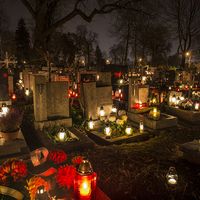 All Saints Day. All Souls Day. Candles in cemetery in Poland on All Saints Day, November 1. All Souls Day, November 2. Christian church, All Hallows, Solemnity of All Saints, Feast of All Saints, purgatory, Roman Catholic church