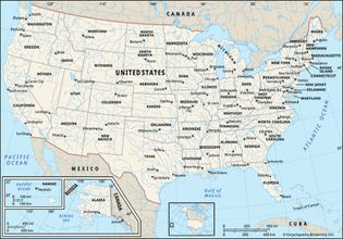 A map of the states, boundaries, and capital cities of the United States, along with the bodies of water and other counties surrounding the U.S.