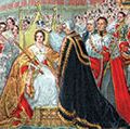 Queen Victoria's coronation, 1837. The Archbishop of Canterbury placing the crown on Victoria's head in Westminster Abbey.