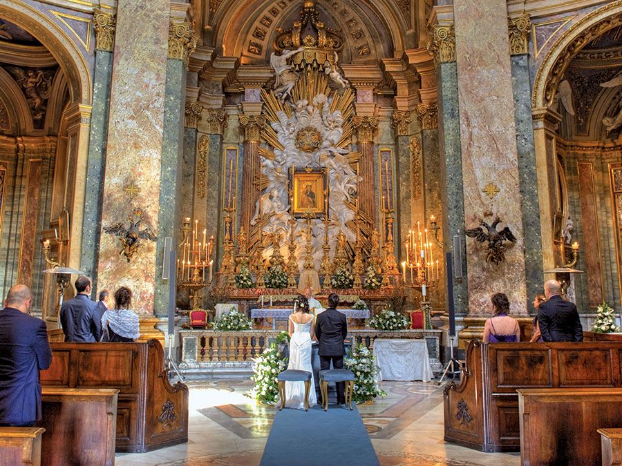 Marriage. A couple getting married during a church wedding ceremony. (religion, ceremony, bride, groom)