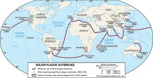 locations of plague outbreaks in the 1800s and early 1900s